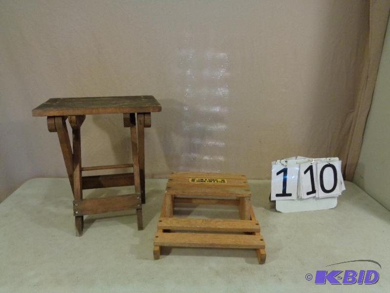 lot 110 image: 2 Wood Folding Stools, Stairs, Chairs. One fo...