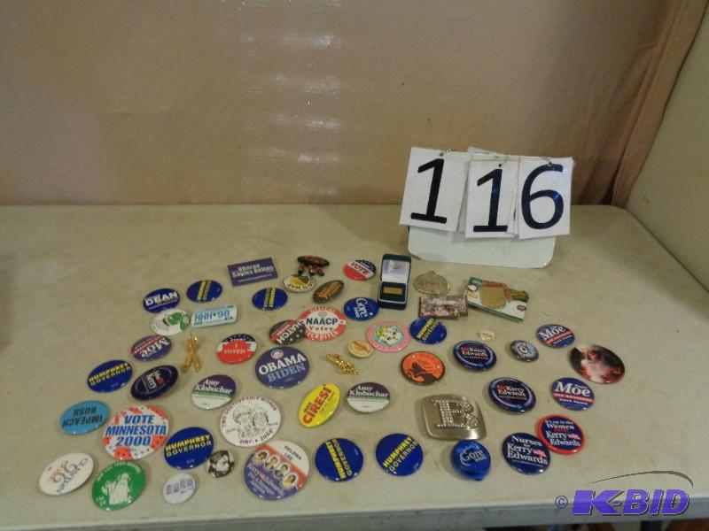 lot 116 image: Large Lot of Buttons, Pins, and More....