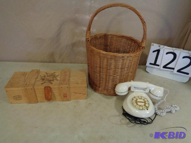lot 122 image: Phone, Wood Wine Box, and Wicker Basket....