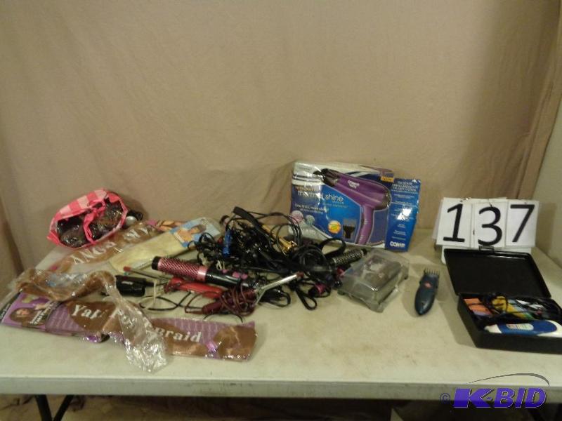 lot 137 image: Fake Hair, Hair Dryer, Curling Irons, Clipper...