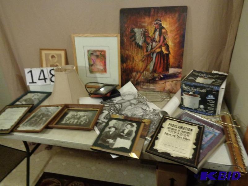 lot 148 image: New 1.6 Quart Slow Cooker, Framed Pictures, L...