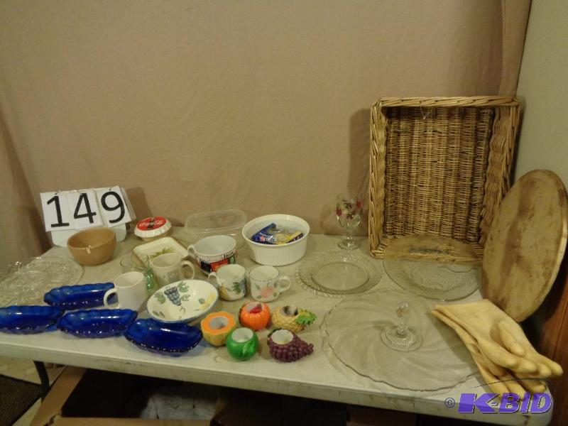 lot 149 image: Wicker Basket, Pizza Stone, Platters, Corning...