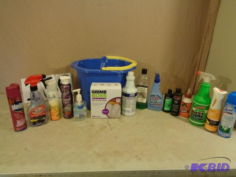 lot 156 image: Pail with Household Chemicals. Some full some...