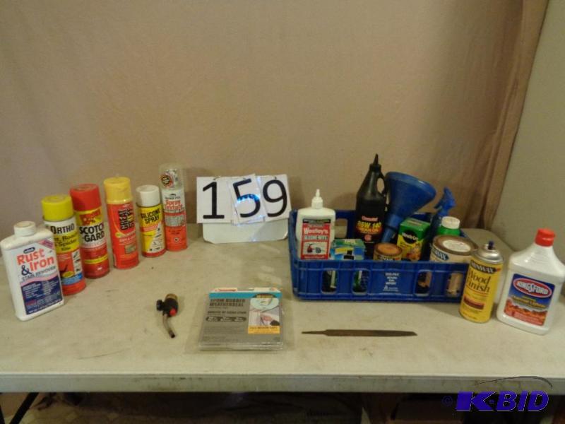 lot 159 image: Lot of Assorted Chemicals in Plastic Bin. Som...