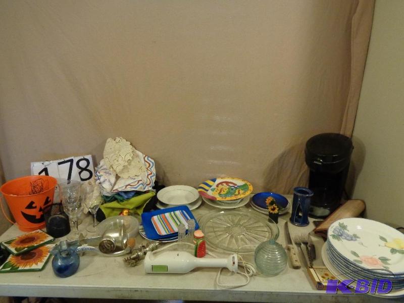 lot 178 image: Plates, Dishes, Stemware, Dish Towels, Doilie...
