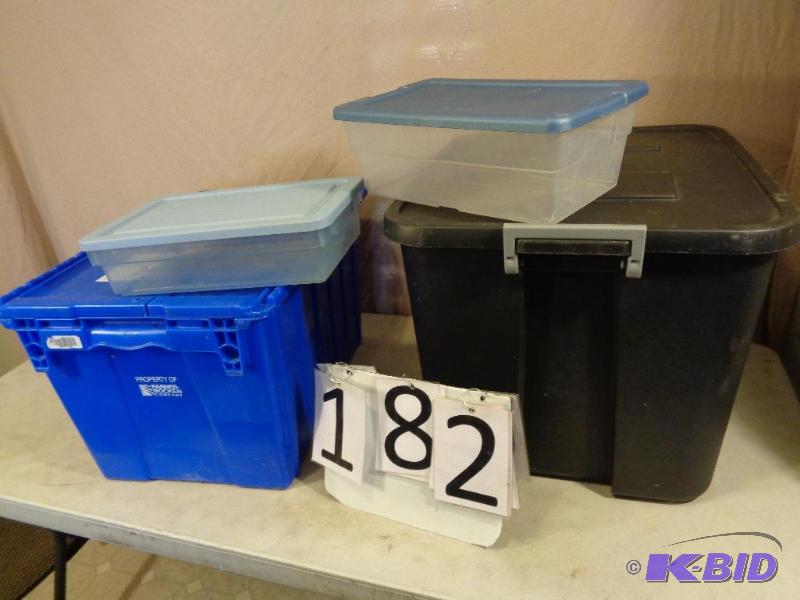 lot 182 image: Tote with Lid, 2 Shoe Box Totes with Lids, an...