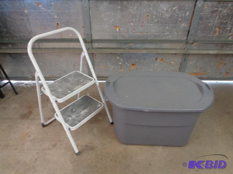 lot 195 image: Folding Step Stool and Tote with Latching Lid...
