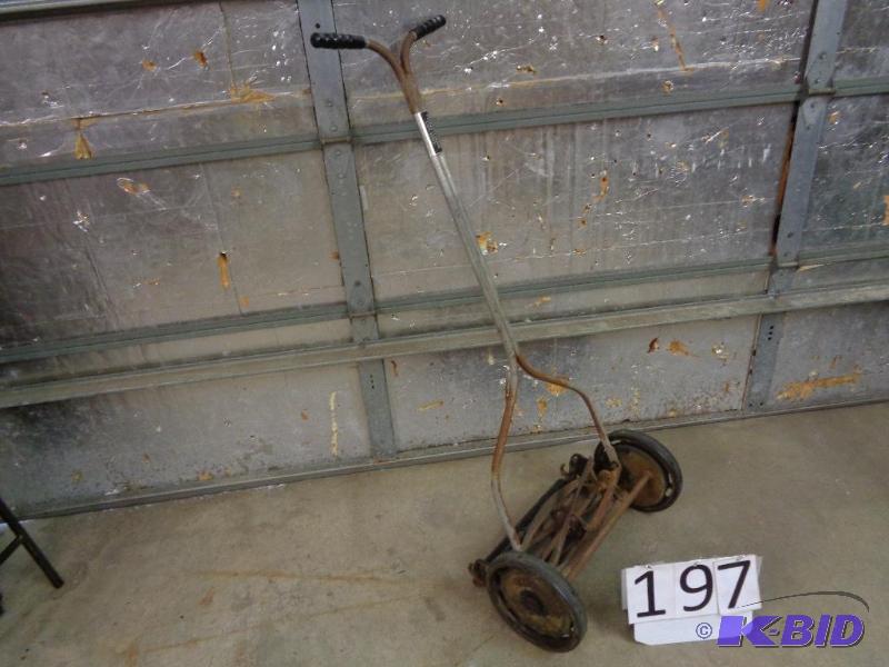 lot 197 image: Vintage Reel Type Push Manual Lawn Mower. Ope...