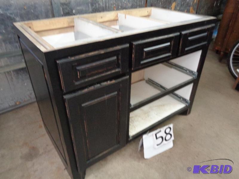 lot 58 image: Black &quotAntiqued" Cabinet. Needs top...