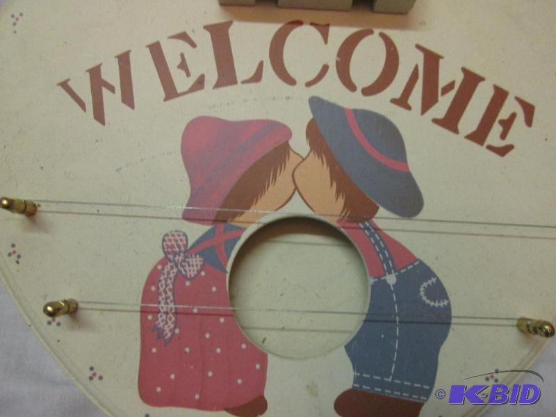 lot 158 image: wooden painted heart shaped welcome hanging s...