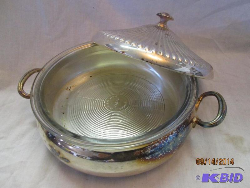lot 69 image: Silver colored serving dish with lid, vintage...