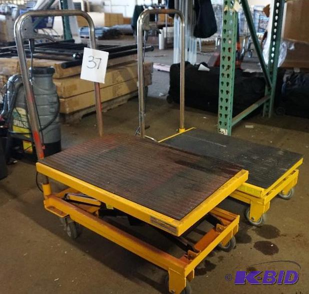 lot 37 image: Set of 2 Wheeled Hydraulic Scissors Lift Cart...