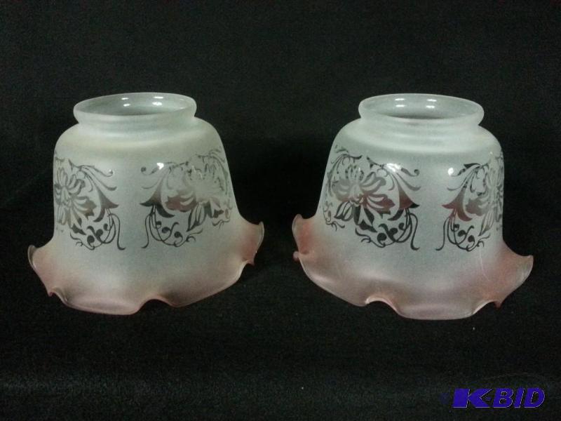 Lovely Pink & White Etched Glass Shades (2)