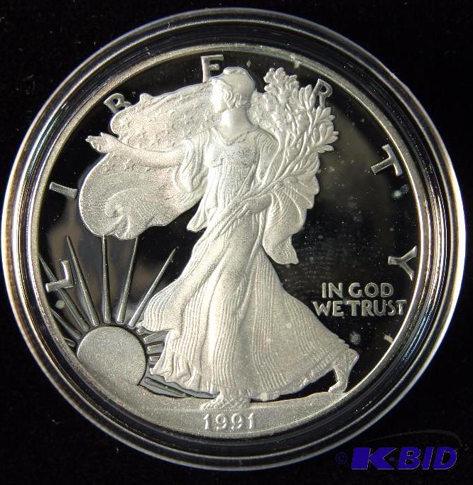 1991 S PROOF SILVER EAGLE IN AIRTIGHT HOLDER 1 TROY Oz. .999 PROOF SILVER DOLLAR COIN