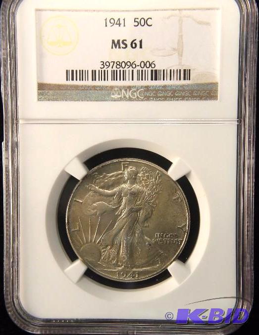 1941 WALKING LIBERTY SILVER HALF DOLLAR UNC NGC MS 61