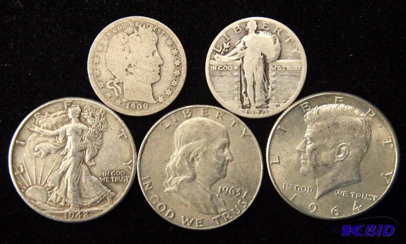 GROUP OF 90% US SILVER COINS 3 HALF DOLLARS 2 QUARTERS