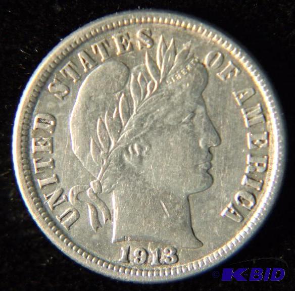 1913 BARBER SILVER DIME AU