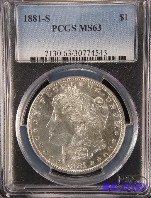 1881-S MORGAN SILVER DOLLAR PCGS MS 63