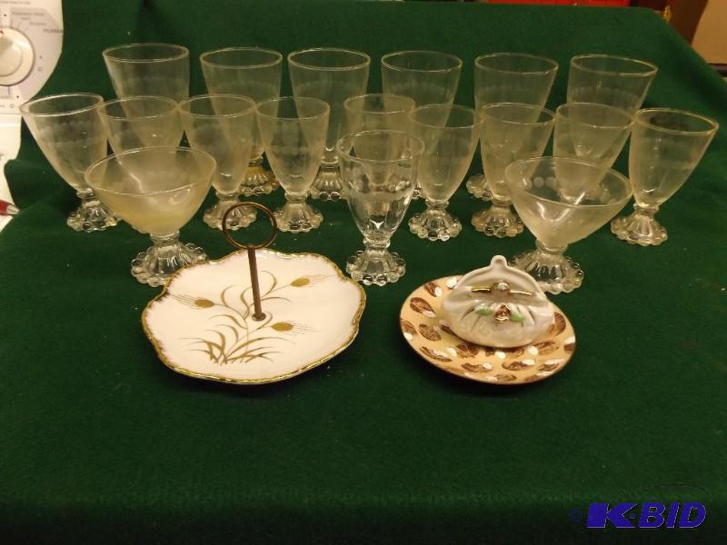 lot 102 image: wine and drink glasses, serving platter...