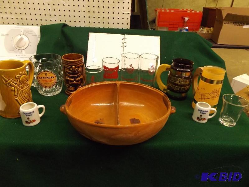 lot 105 image: beer glasses and mugs, chip bowl...