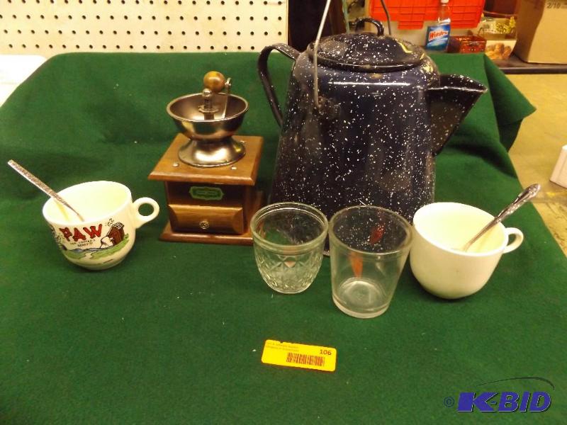 lot 106 image: misc household items, coffee grinder, cups, c...