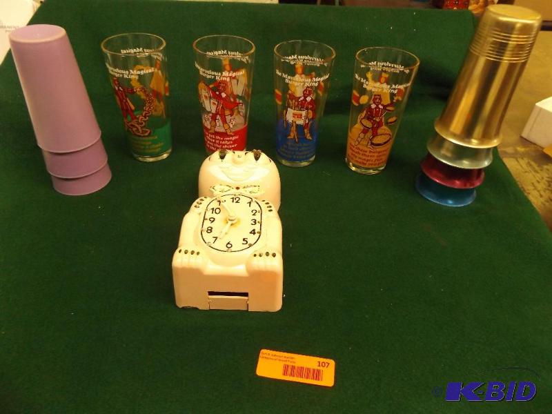 lot 107 image: Cat Clock,  Burger King drinking glasses...