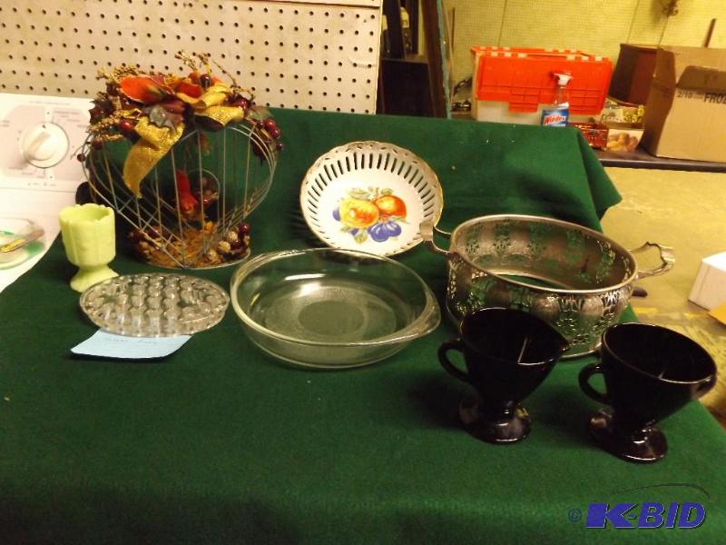 lot 109 image: misc household serving dishes, metal heart de...