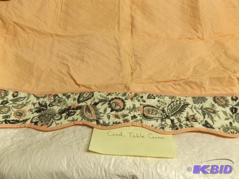 lot 112 image: Card table cover, doily, unicorn wall hanging...