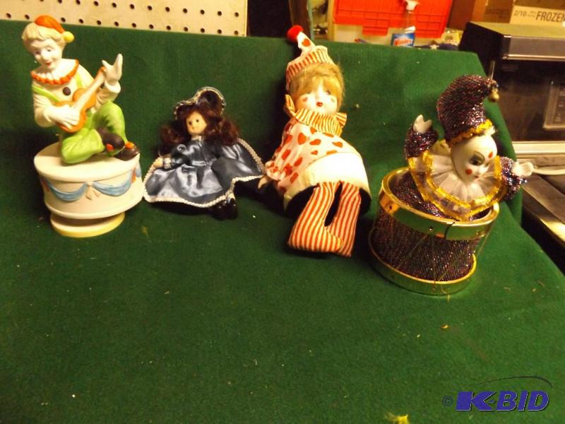 lot 166 image: clown music box, doll, clown doll...