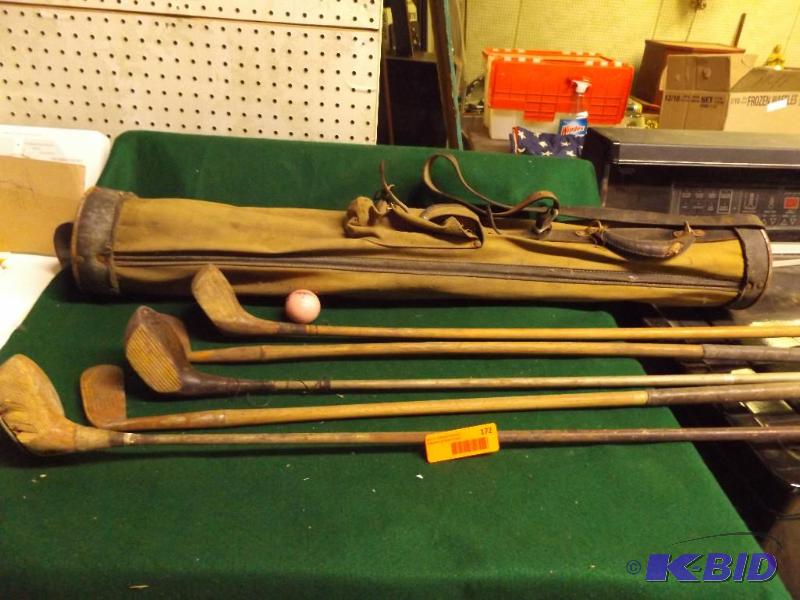 lot 172 image: OLD golf clubs and carry case...