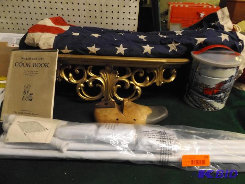 lot 173 image: Flag, shelf, Walsh County Cookbook, back supp...
