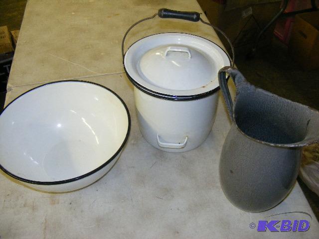 lot 201 image: Enamel Ware bowl, chamber pot and water pitch...