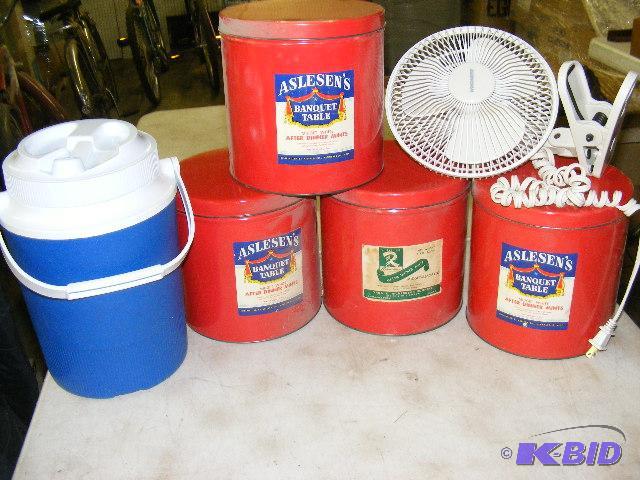lot 202 image: small fan, water cooler, 4 tin cans...