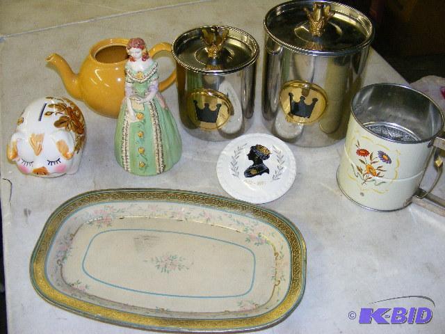 lot 212 image: canisters, flour sifter, serving platter, tea...