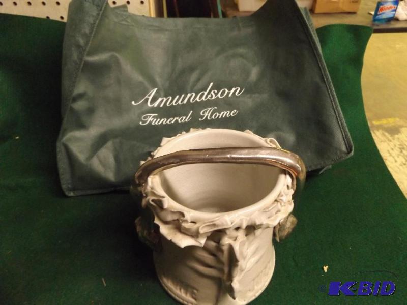 lot 22 image: grocery bag, hand made clay pot...