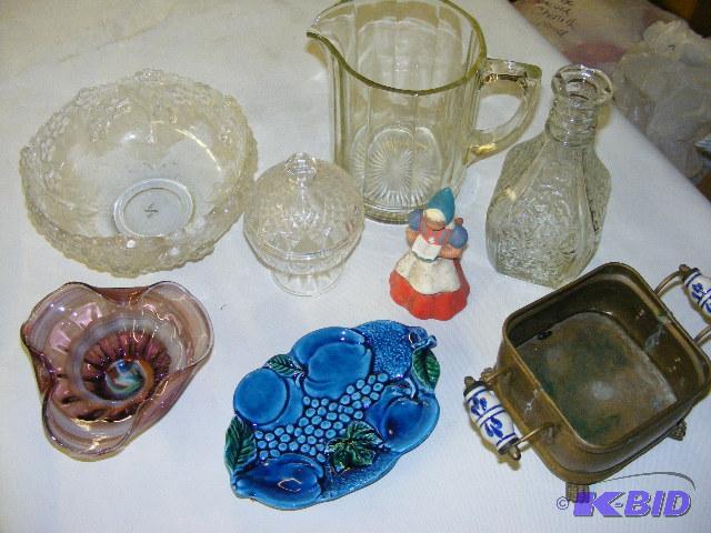 lot 229 image: water pitcher, covered candy dish, glass serv...