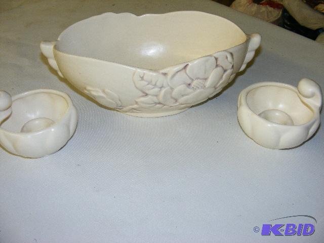 lot 234 image: decorative fruit bowl and a pair of candle ho...