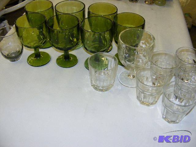 lot 245 image: green glass wine goblets, clear glass glasses...
