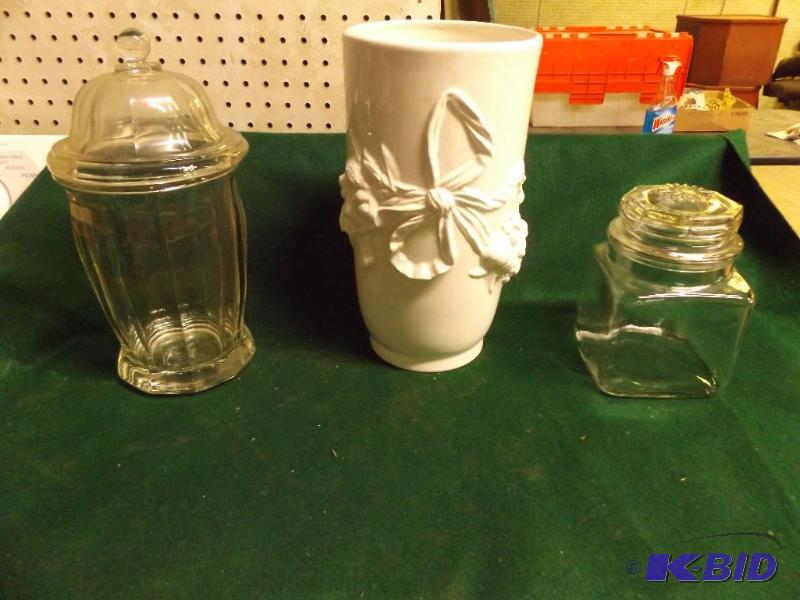 lot 53 image: two glass candy jars, white vase...