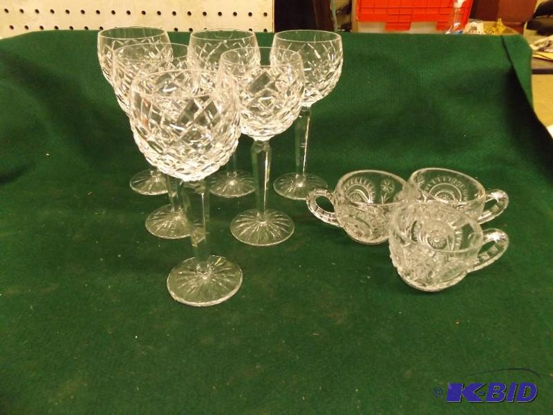 lot 74 image: 6 Fine Lead Crystal Glass wine goblets and th...