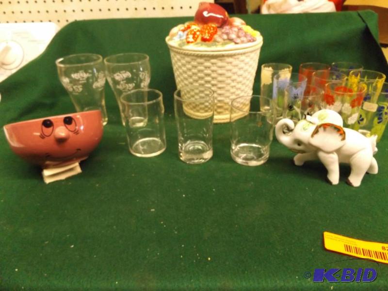 lot 82 image: drinking glasses, elephant figurine, fruit ba...