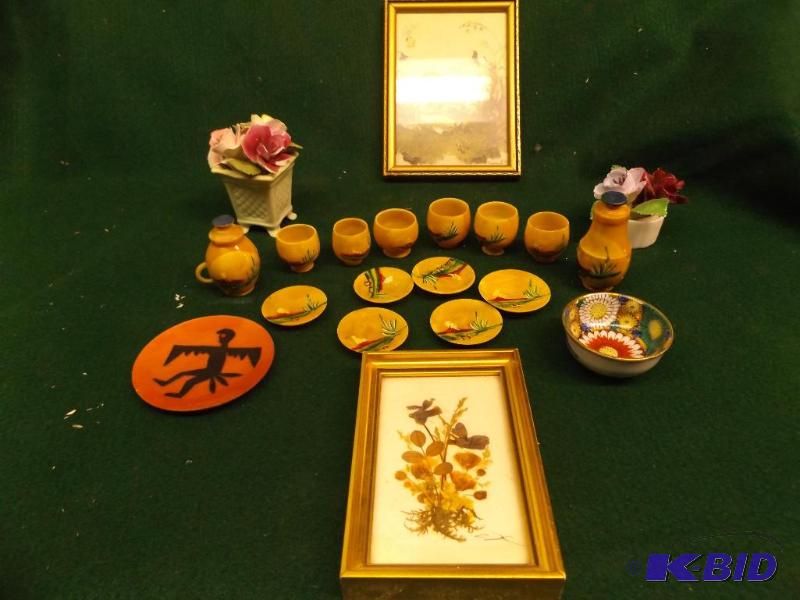 lot 98 image: two pictures, miniature dish set...