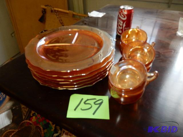 Carnival Glass Sectional Plates and 6 matching coffee cups
