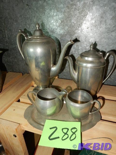 Pewter Coffee and Tea Pots.. Creamer and Sugar with Tray