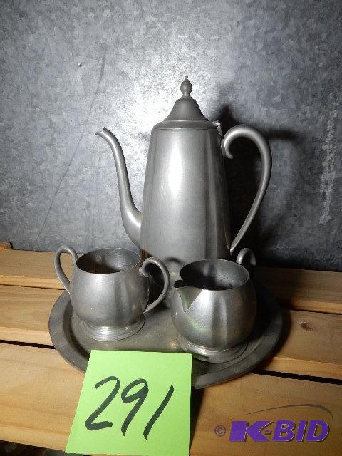 4 piece Pewter Coffee and CreamsugarTray Service
