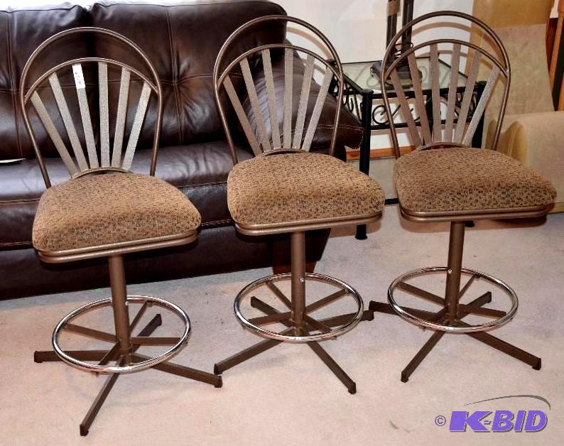 lot 15 image: Admiral 3 swivel metal bar stools with brown...