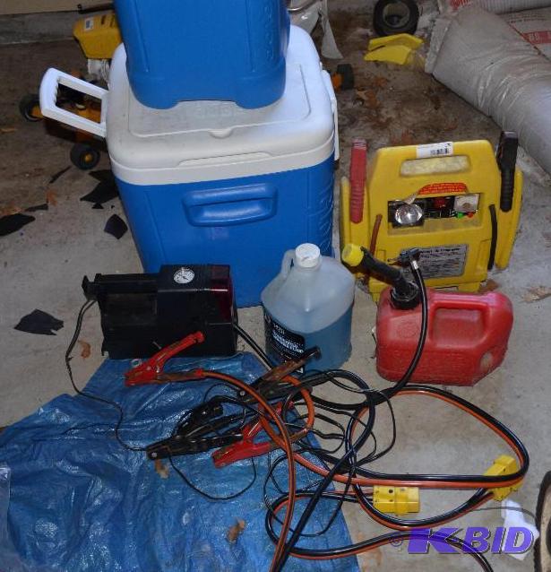 lot 170 image: Jumpstart air compressor, jumper cables, gas ...