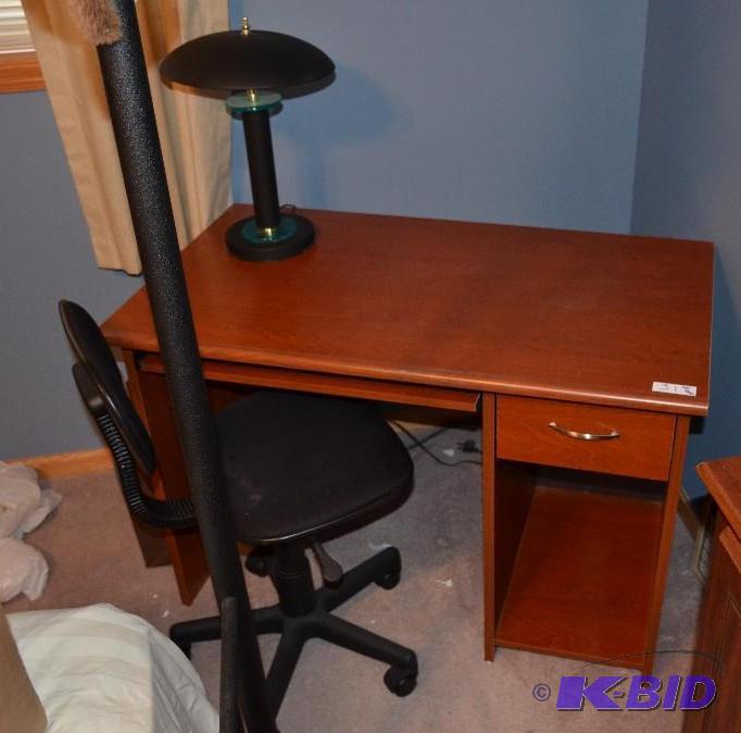 lot 31 image: Wood desk, 28x42x24 with adjustable desk chai...