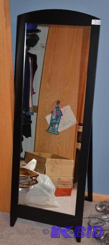 lot 32 image: Free standing mirror, black wood frame, 56x20...