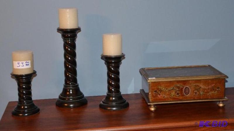 lot 33 image: Wood box, 16x8x5, 3 pillar candle stands and ...